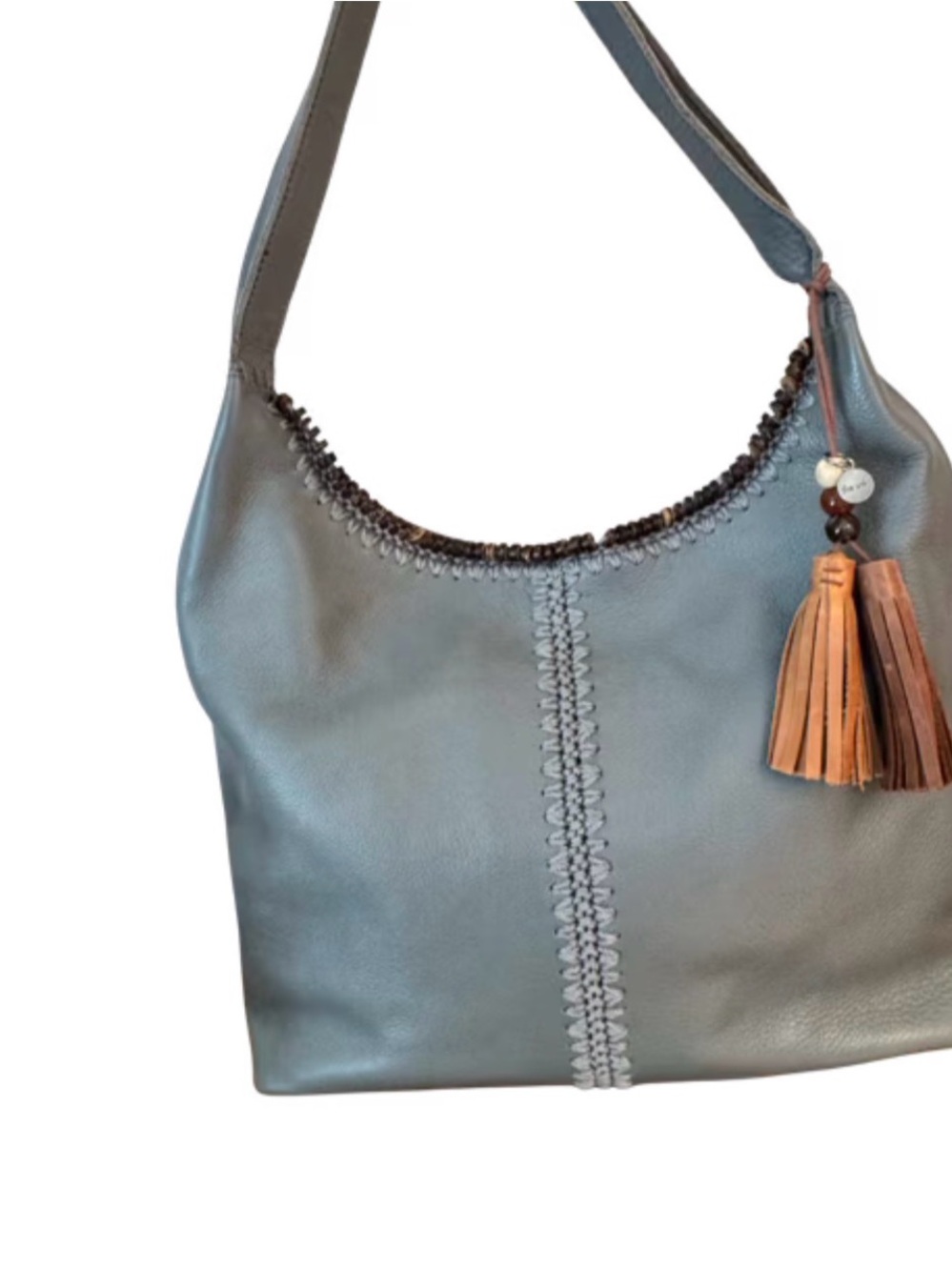 The Sak Huntley Leather Shoulder Bag in Slate Blue w/Artisan Crochet Detail